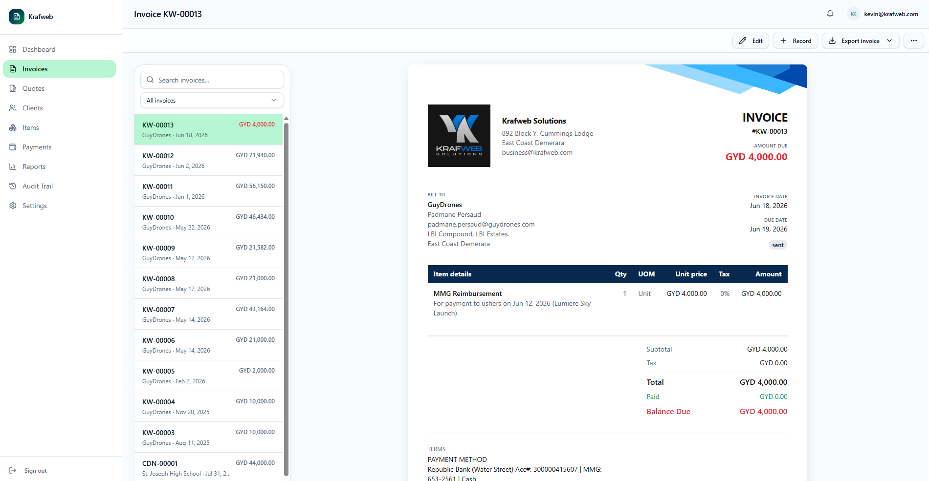 Invoice detail view with branded layout and totals