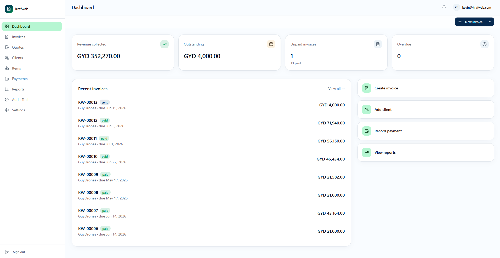 KrafWeb Invoicing dashboard preview